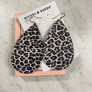 Nickel & Suede Large Snow Leopard Teardrop Earrings